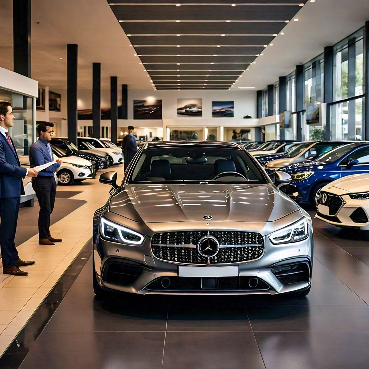 A Mercedes-Benz is in a car showroom with salesmen nearby.