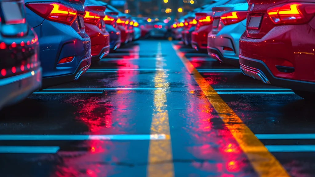 New cars parked on a dealership lot.