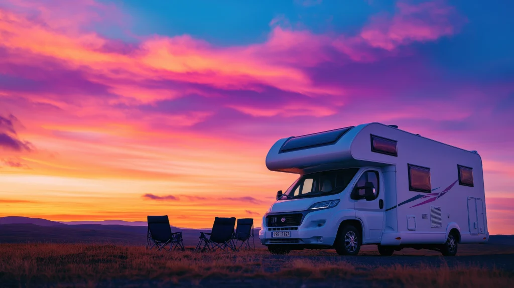 RV camper parked at a scenic campground during sunset, showcasing outdoor adventure and travel lifestyle.
