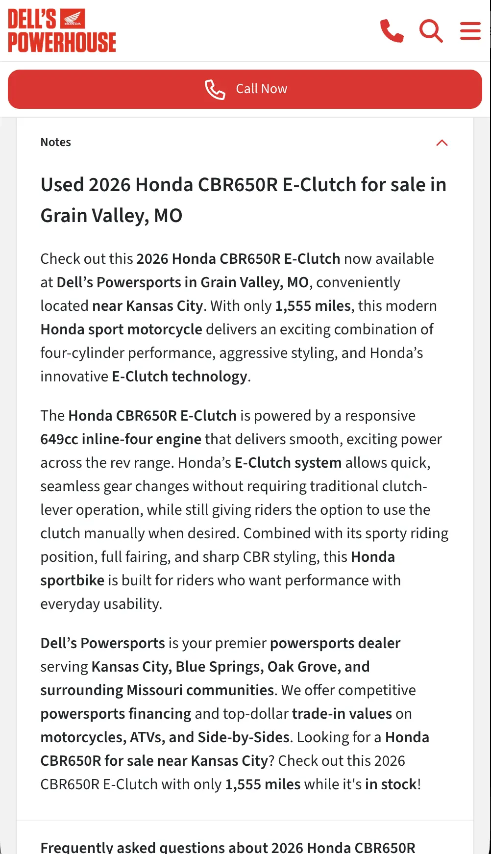AI-generated vehicle description on a Honda CBR650R detail page