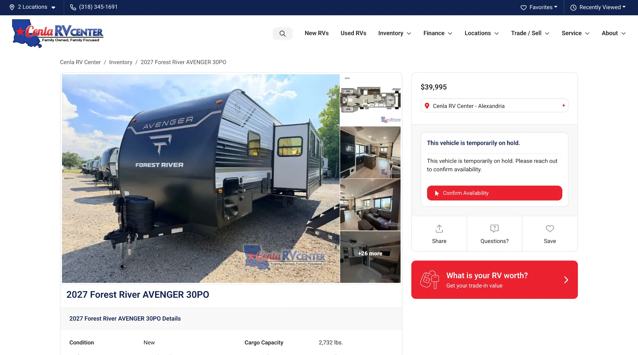 Cenla RV Center vehicle detail page built on Overfuel