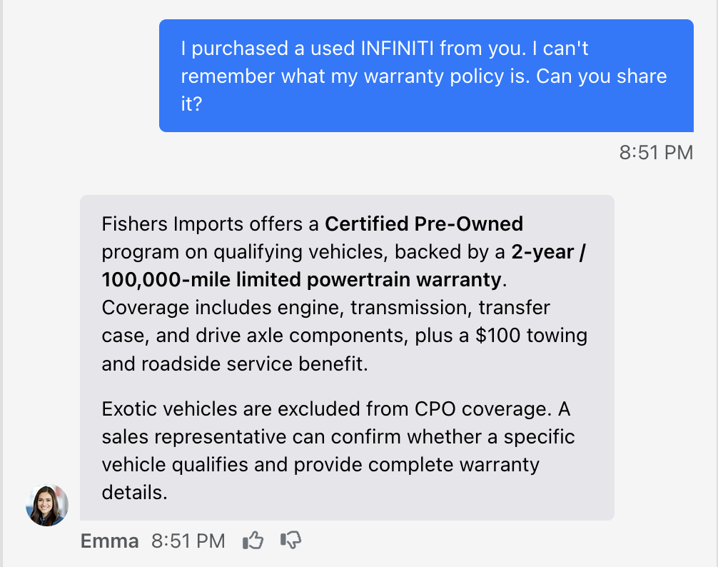 Overfuel AI Chat answering a shopper’s used-vehicle warranty question with dealership-specific details
