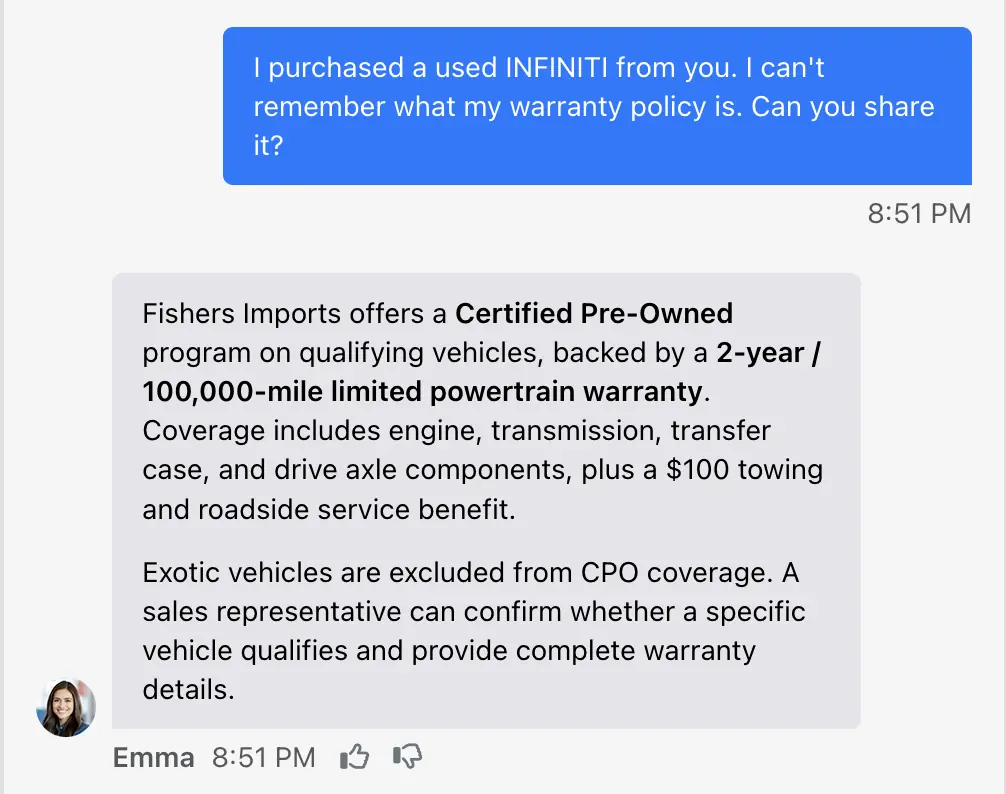 Overfuel AI Chat answering a shopper’s used-vehicle warranty question with dealership-specific details