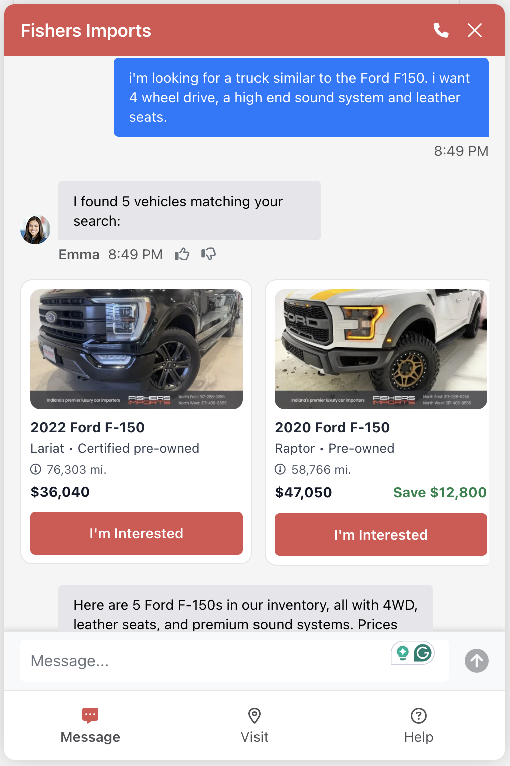 Overfuel AI Search returning matching Ford F-150 trucks from live inventory in response to a natural-language request