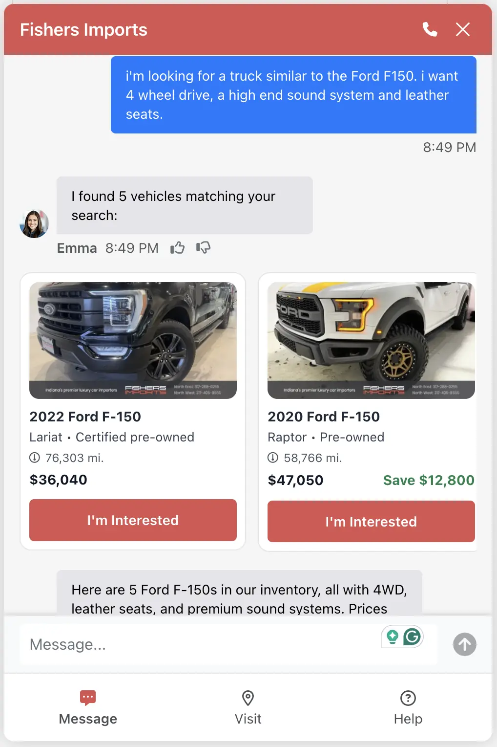 Overfuel AI Search returning matching Ford F-150 trucks from live inventory in response to a natural-language request