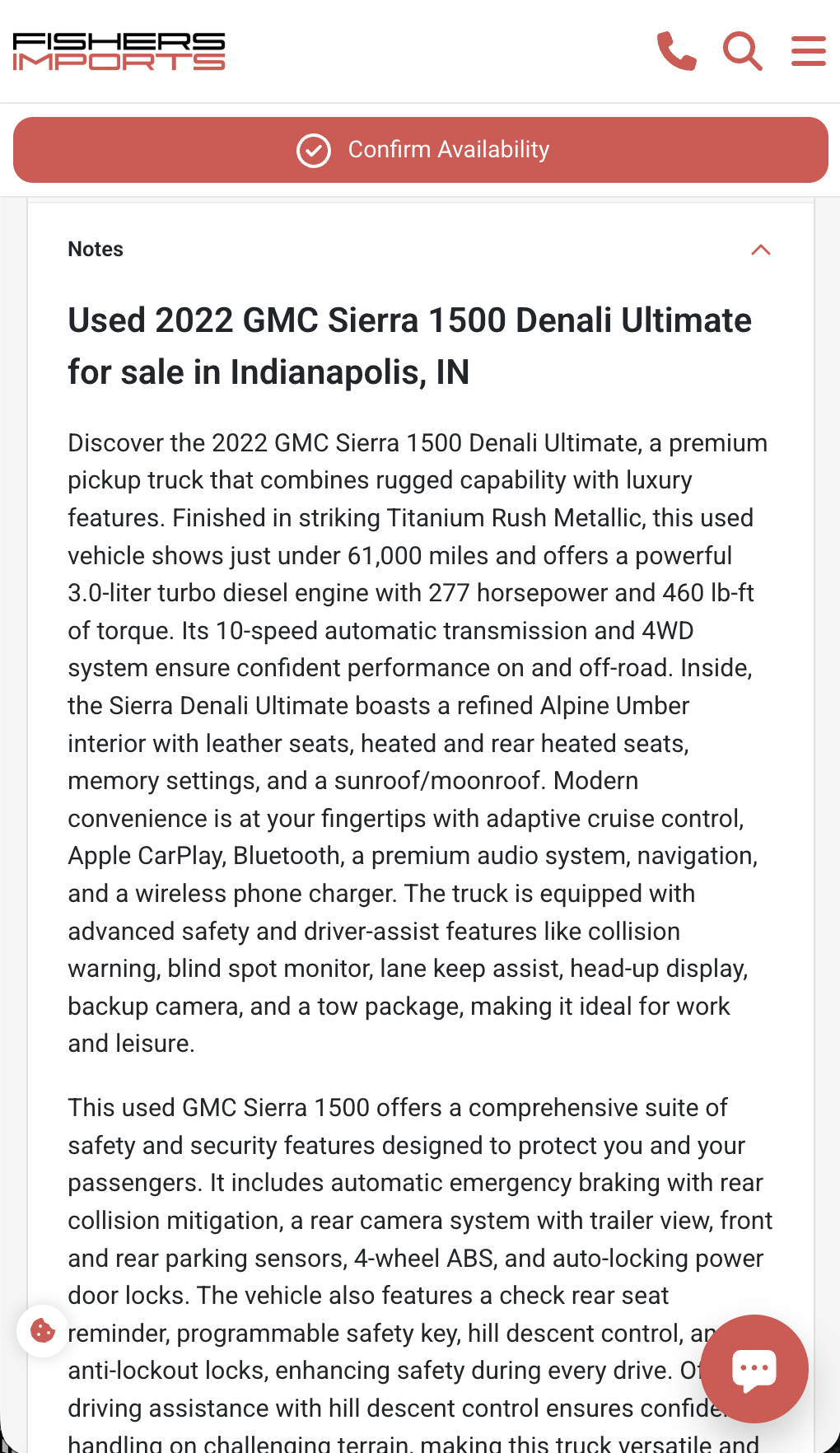 AI-generated vehicle description on an Overfuel vehicle detail page for a used 2022 GMC Sierra 1500 Denali Ultimate