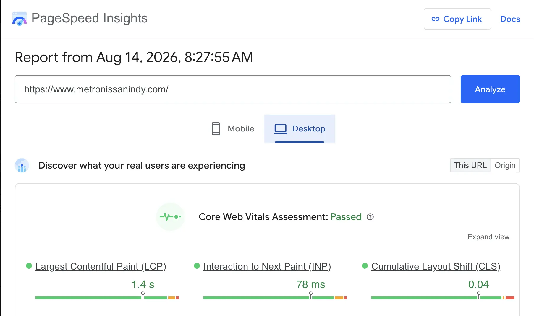 PageSpeed Insights desktop report for metronissanindy.com passing Core Web Vitals with LCP 1.4s, INP 78ms, and CLS 0.04
