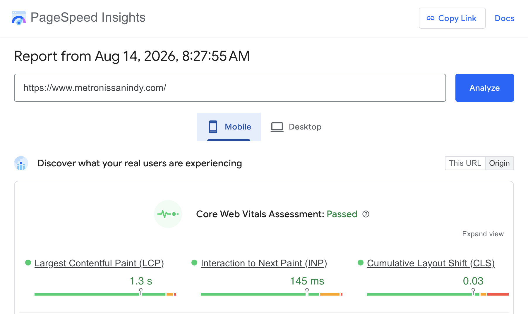 PageSpeed Insights mobile report for metronissanindy.com passing Core Web Vitals with LCP 1.3s, INP 145ms, and CLS 0.03