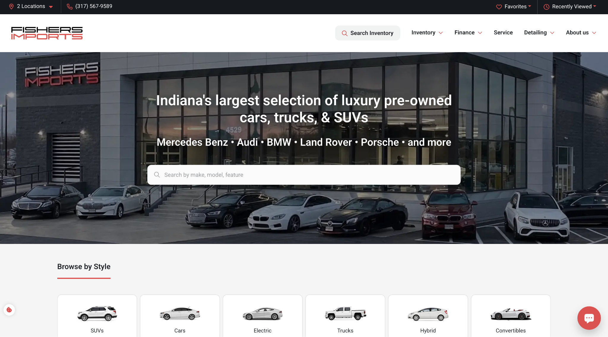 Fishers Imports luxury pre-owned dealership homepage built on Overfuel