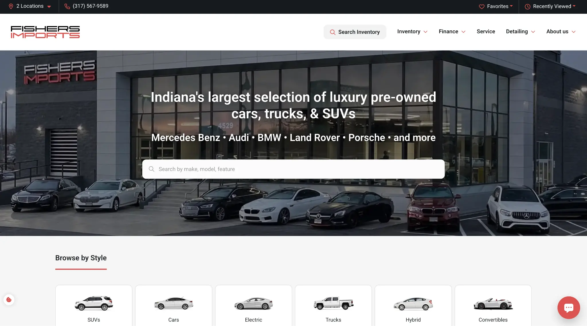 Fishers Imports luxury pre-owned dealership homepage built on Overfuel