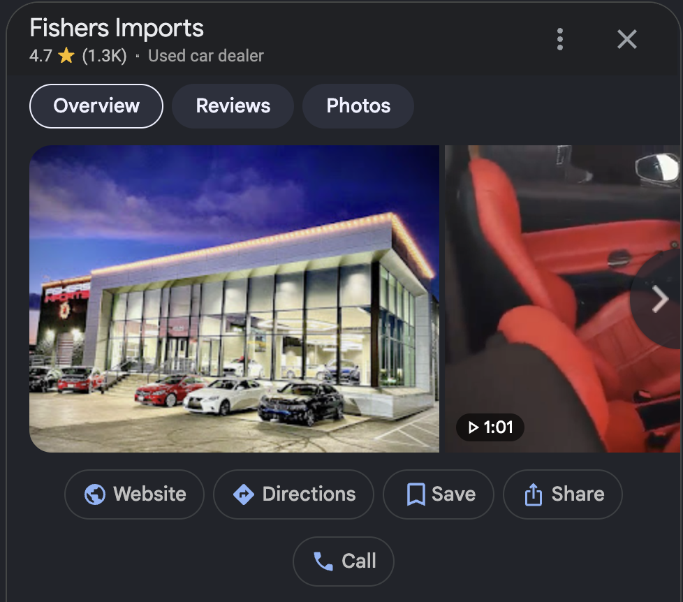 Google Business Profile for Fishers Imports showing a 4.7-star rating and dealership photos