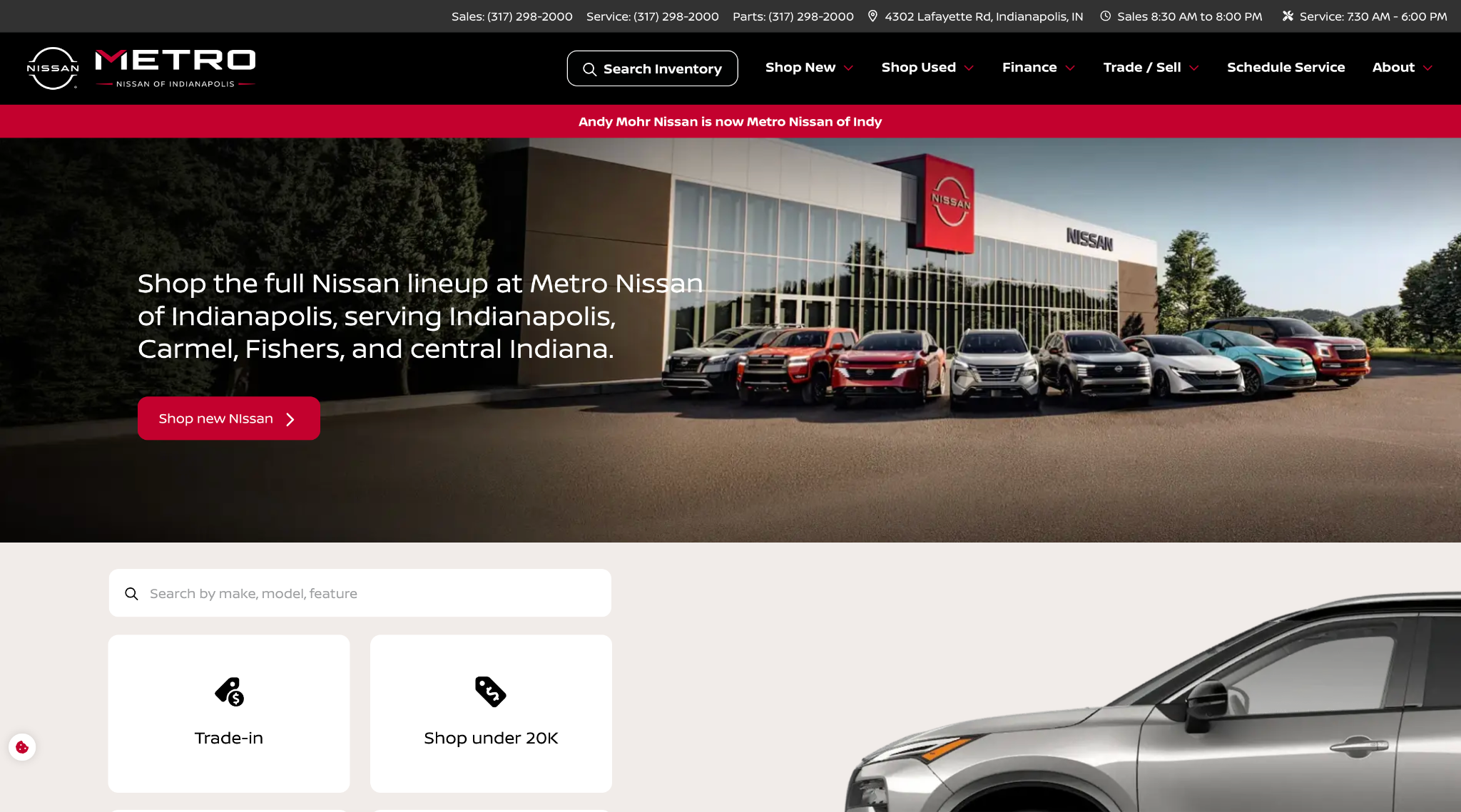 Metro Nissan of Indianapolis homepage built on Overfuel, with a full-width dealership hero and inventory search