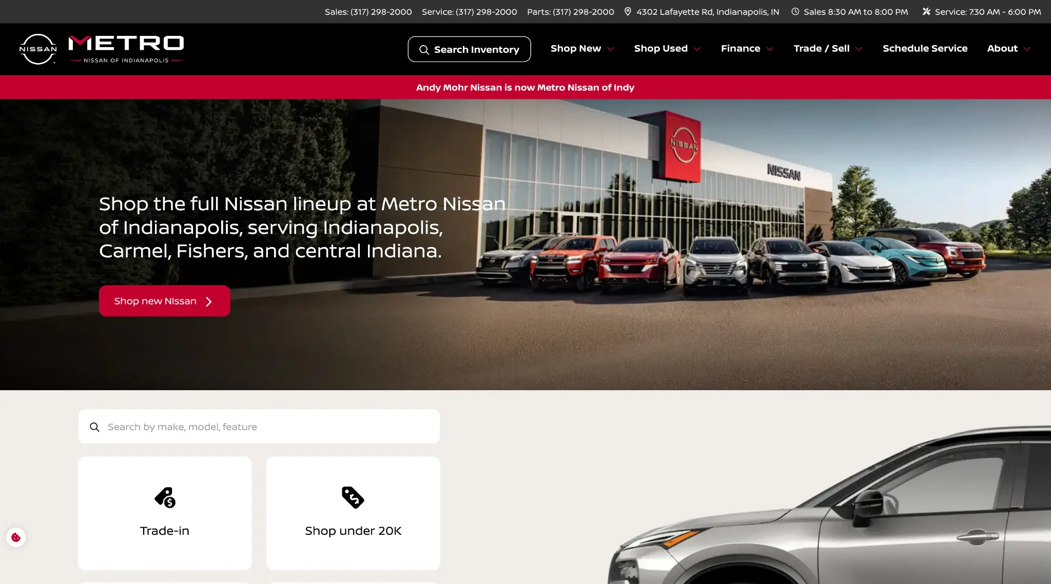 Metro Nissan of Indianapolis homepage built on Overfuel, with a full-width dealership hero and inventory search