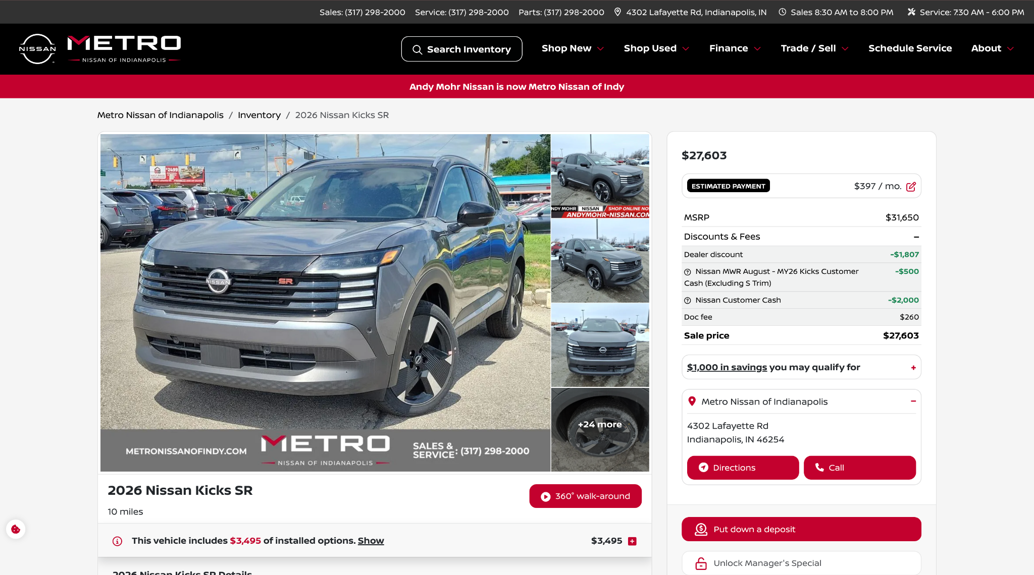 Overfuel vehicle detail page for a 2026 Nissan Kicks SR with estimated monthly payment, pricing breakdown, and an online deposit option