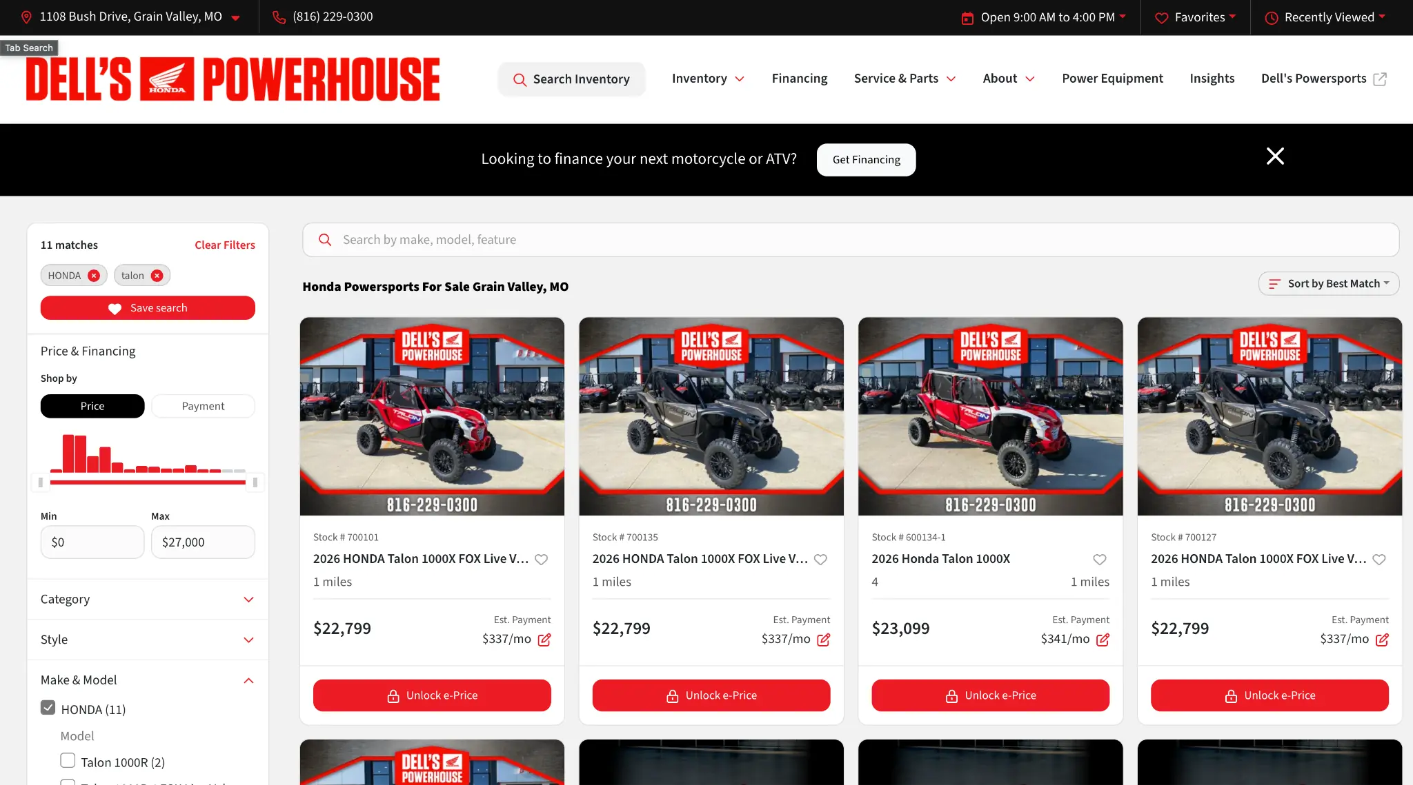 Dell's Powerhouse Honda Talon inventory search results on Overfuel