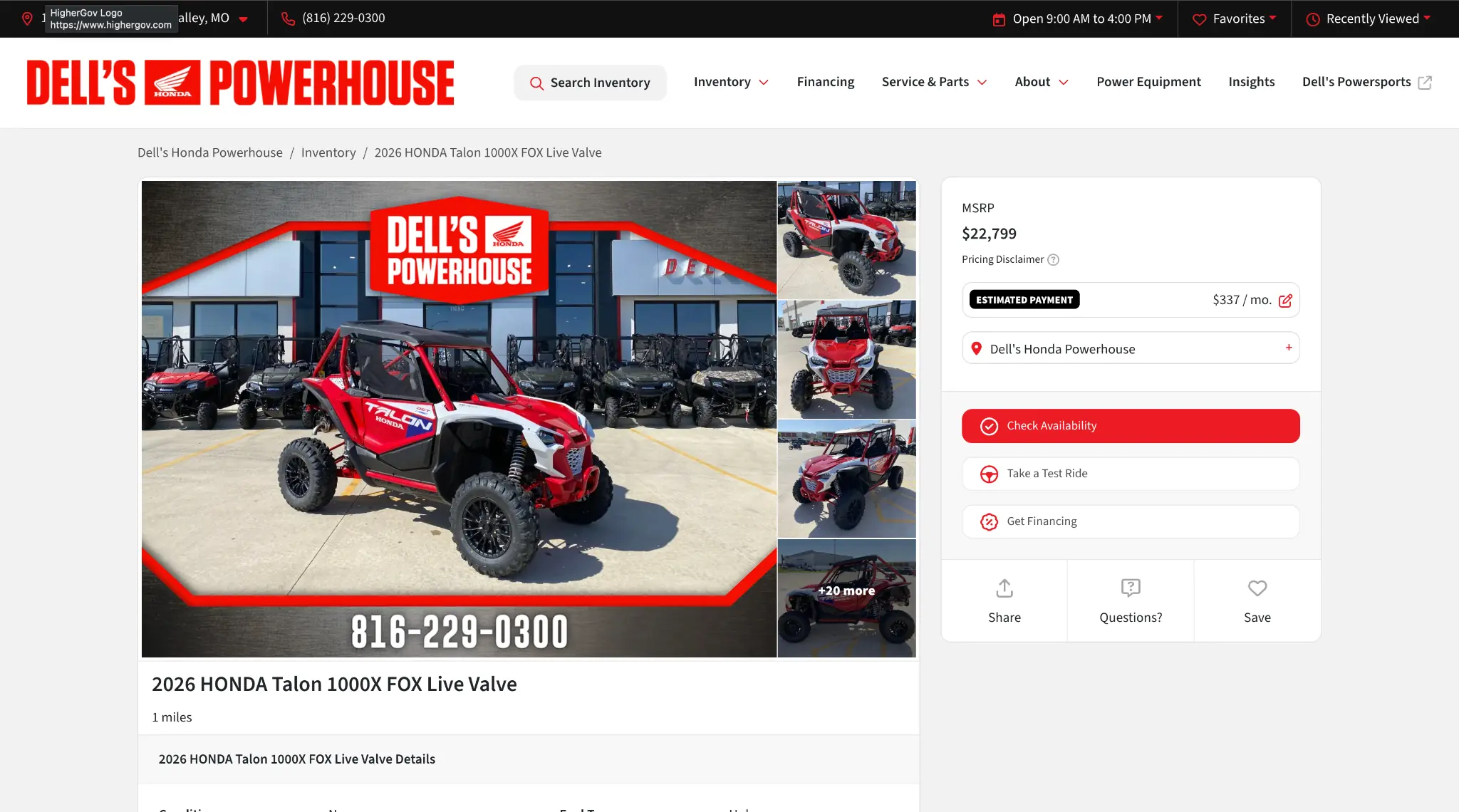 Dell's Powerhouse Honda Talon vehicle detail page on Overfuel