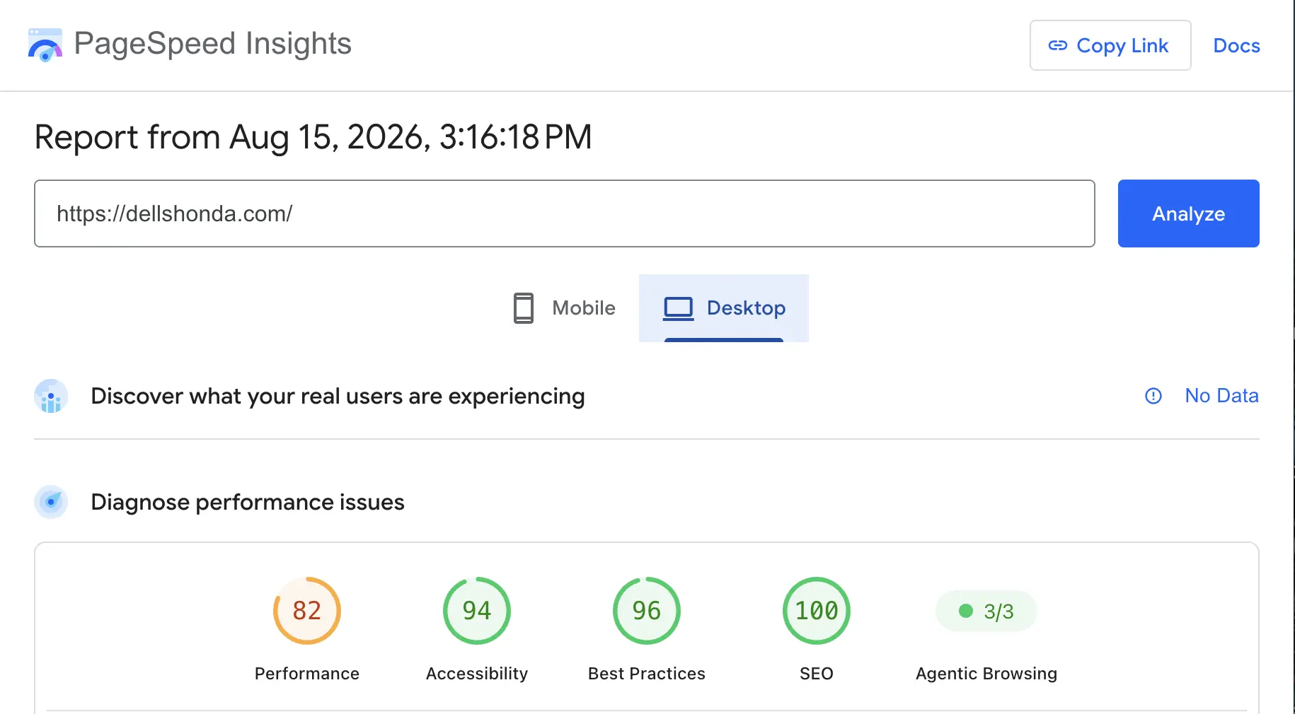 PageSpeed Insights desktop scores: Performance 82, Accessibility 94, Best Practices 96, SEO 100