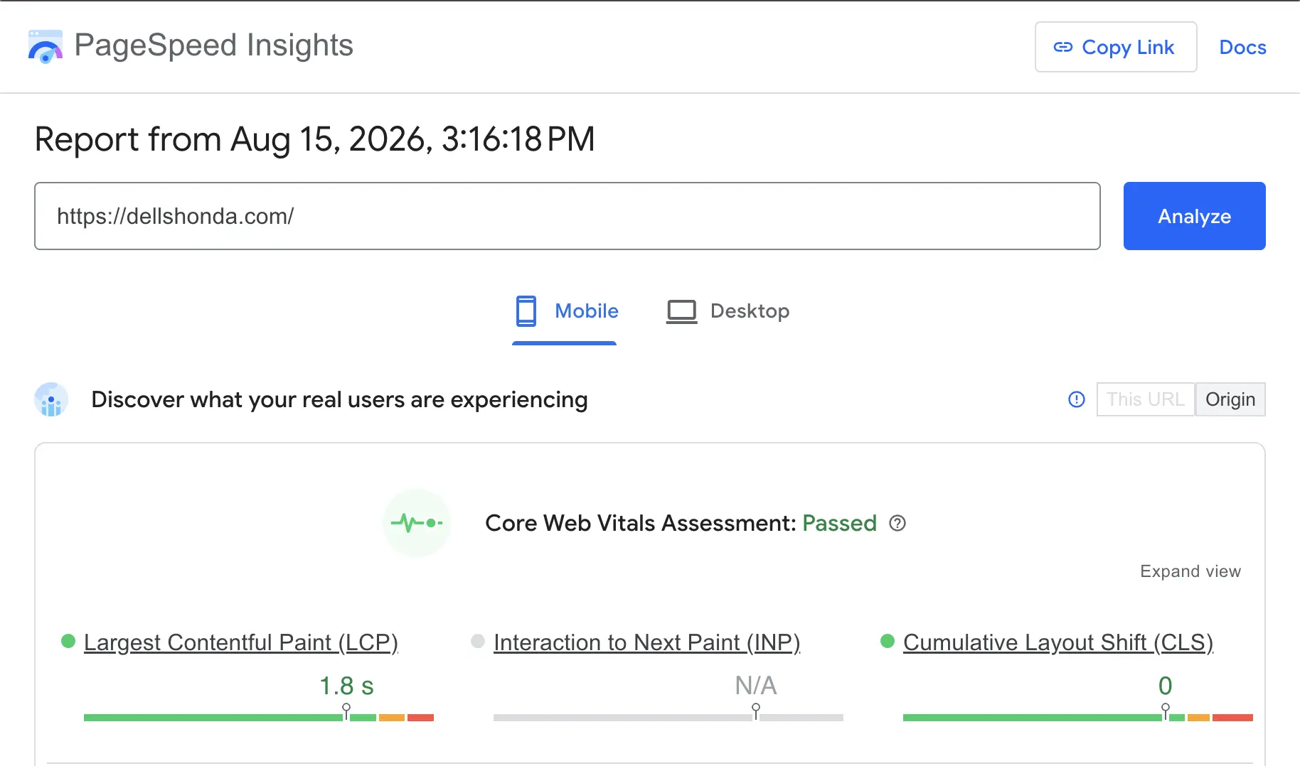 PageSpeed Insights mobile report: Core Web Vitals assessment passed